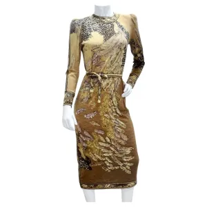 Le Nard 1980s Belted Long Sleeve Feather Print Dress