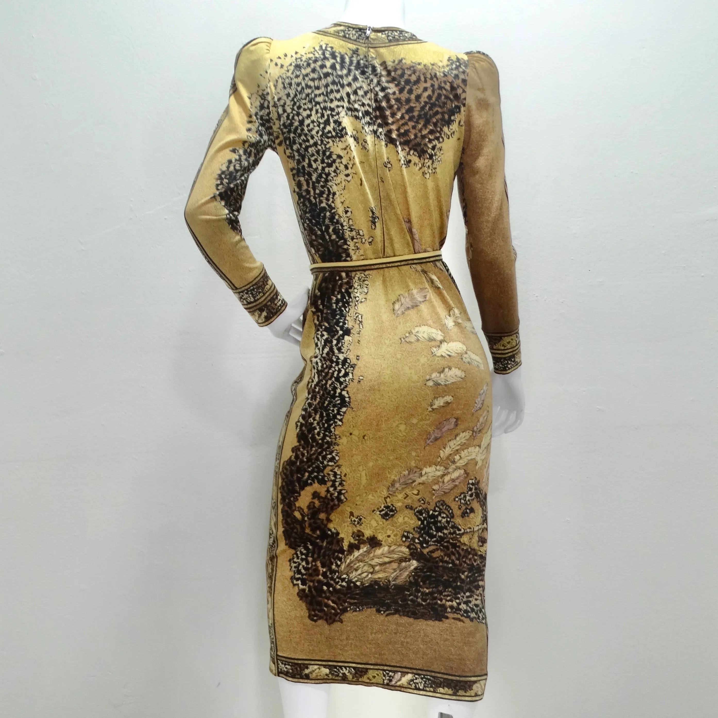 Le Nard 1980s Belted Long Sleeve Feather Print Dress