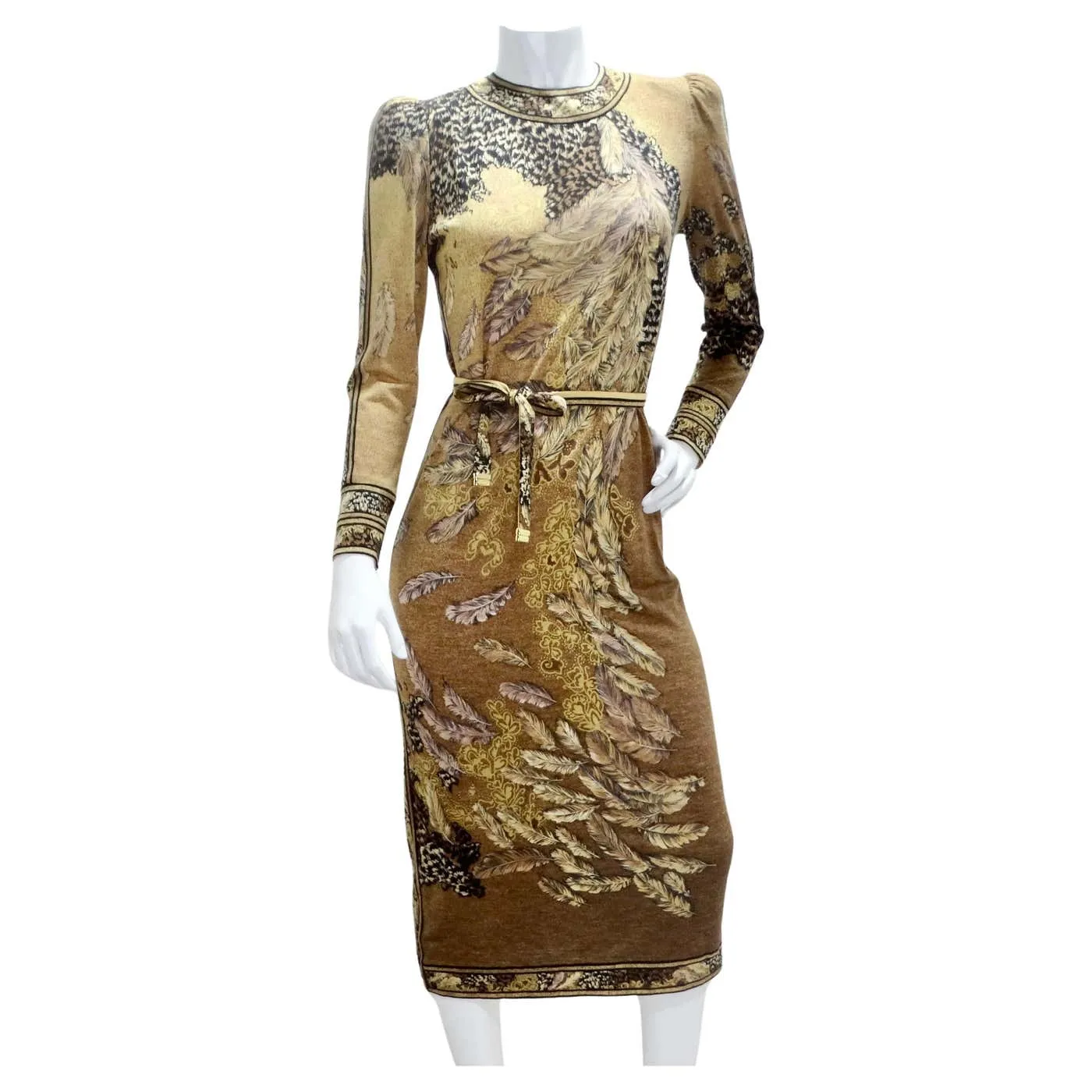 Le Nard 1980s Belted Long Sleeve Feather Print Dress