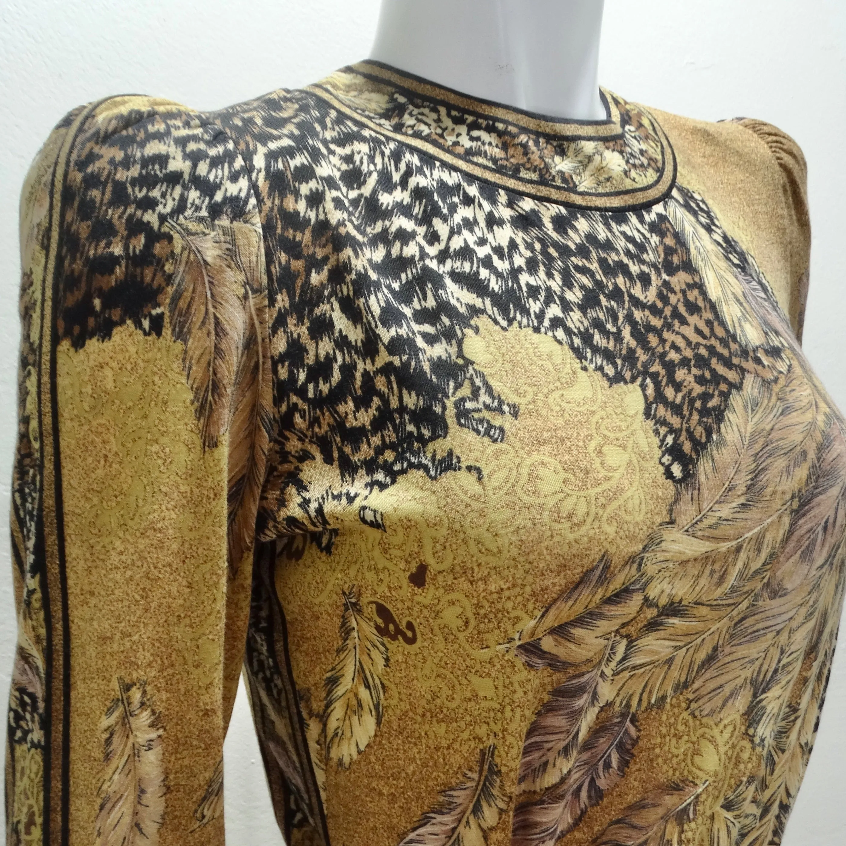 Le Nard 1980s Belted Long Sleeve Feather Print Dress