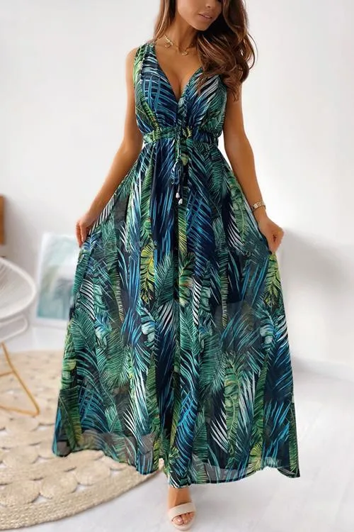 Leaf Print V Neck Sleeveless Maxi Dress