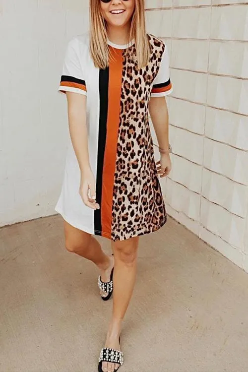 Leopard Patchwork Short Sleeve Mini Dress