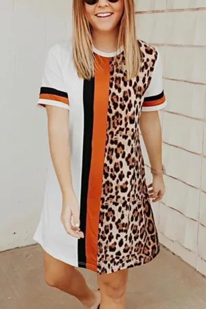 Leopard Patchwork Short Sleeve Mini Dress