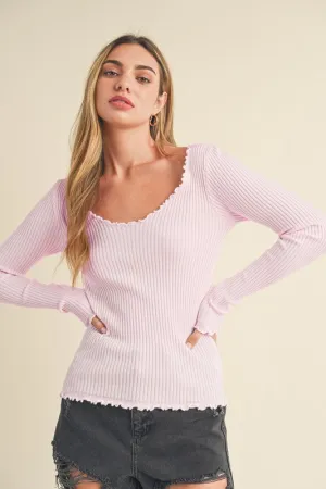 Lettuce Hem Scoop Neck Long Sleeve Knit Top