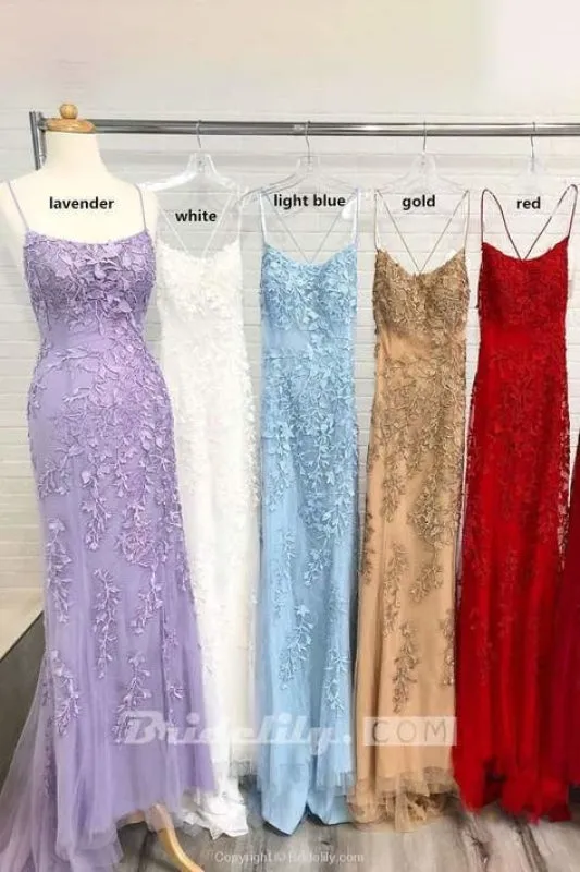 Light Blue Appliques Spaghetti Straps Lace-Up Mermaid Prom Dress