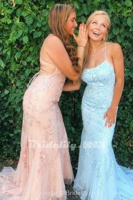 Light Blue Appliques Spaghetti Straps Lace-Up Mermaid Prom Dress