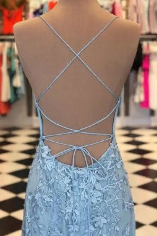 Light Blue Appliques Spaghetti Straps Lace-Up Mermaid Prom Dress