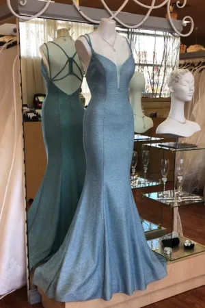 Light Blue Open Back Long Mermaid Dress Women Prom Dress