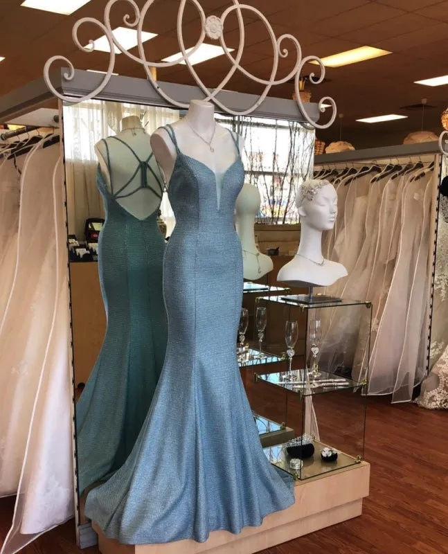 Light Blue Open Back Long Mermaid Dress Women Prom Dress