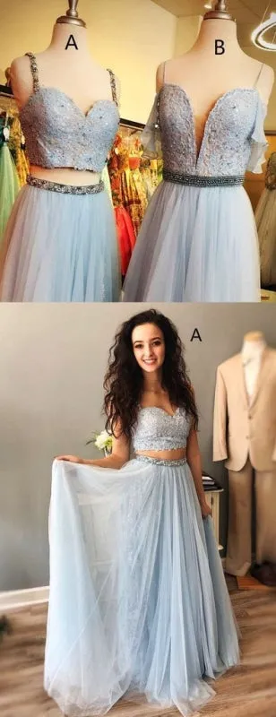 Light Blue Straps Mismatched Lace Tulle Prom Dresses Floor Length Evening Dress with Beads