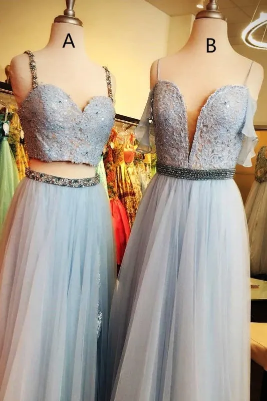 Light Blue Straps Mismatched Lace Tulle Prom Dresses Floor Length Evening Dress with Beads