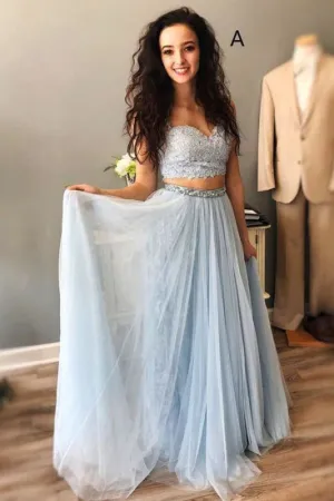 Light Blue Straps Mismatched Lace Tulle Prom Dresses Floor Length Evening Dress with Beads