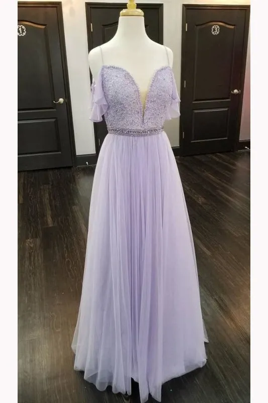 Light Blue Straps Mismatched Lace Tulle Prom Dresses Floor Length Evening Dress with Beads