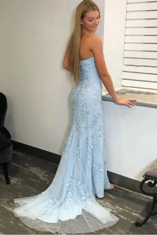 Light Sky Blue Mermaid Strapless Split Prom/Formal Dress With Lace Appliques