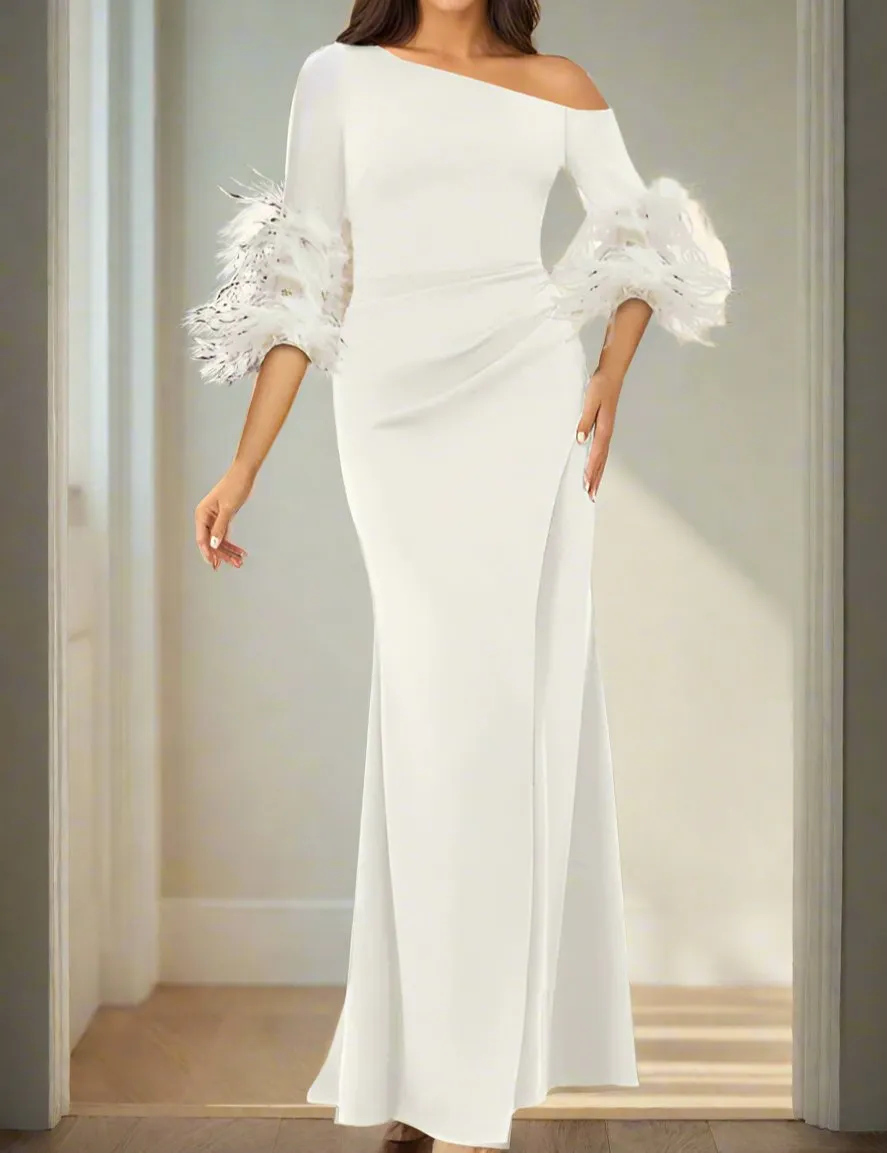 Long Sleeves Mermaid One Shoulder Mother of The Bride Dresses with Feathers