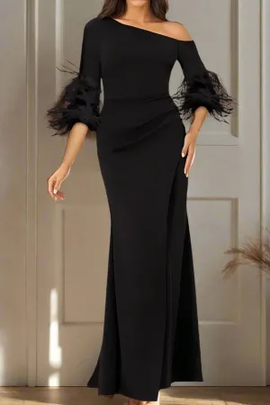 Long Sleeves Mermaid One Shoulder Mother of The Bride Dresses with Feathers