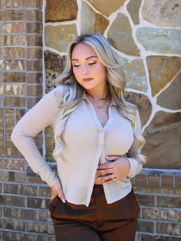 Love You A Latte Mesh Button Front Top, Beige