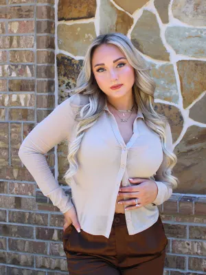 Love You A Latte Mesh Button Front Top, Beige