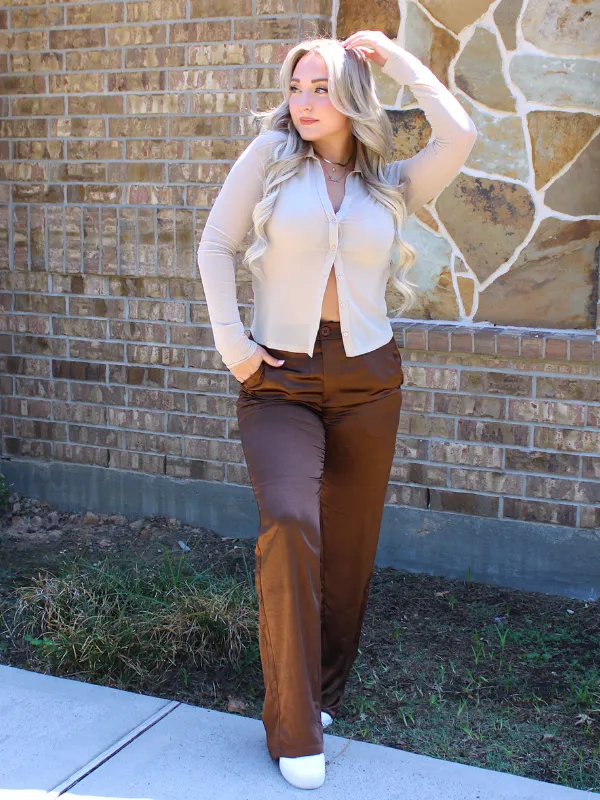 Love You A Latte Mesh Button Front Top, Beige