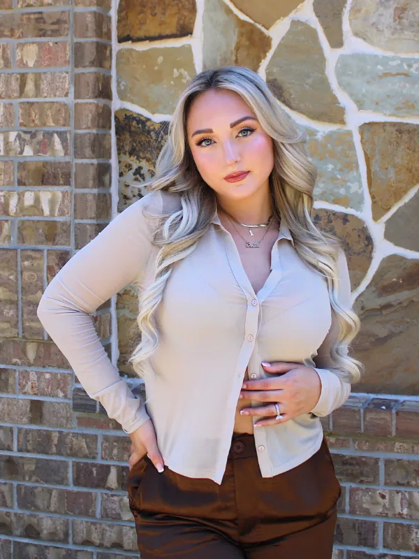 Love You A Latte Mesh Button Front Top, Beige