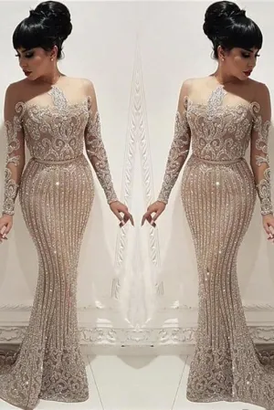 Luxury Beading Crystal Prom Dresses Long Illusion Long Sleeve Mermaid Formal Party Dresses