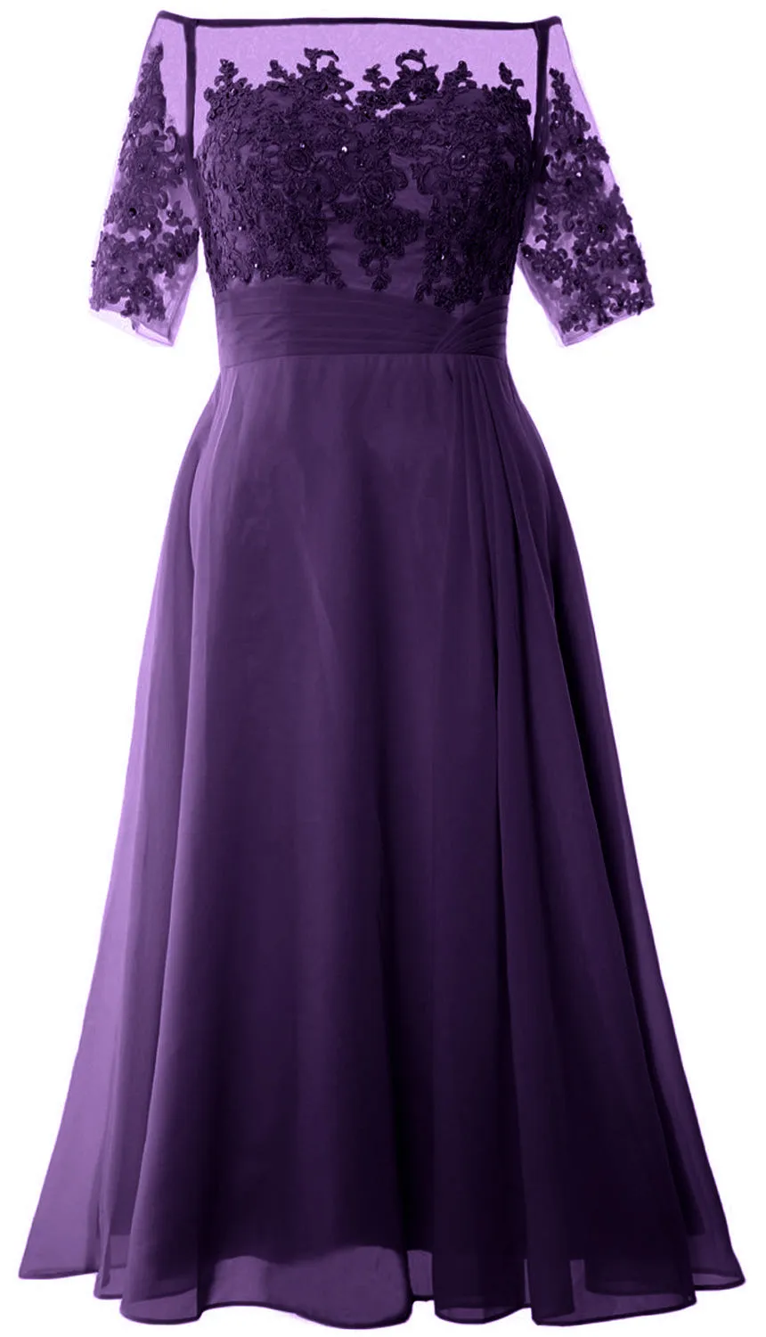 MACloth Mother of Bride Dresses Half Sleeves Midi Off Shoulder Semi Formal