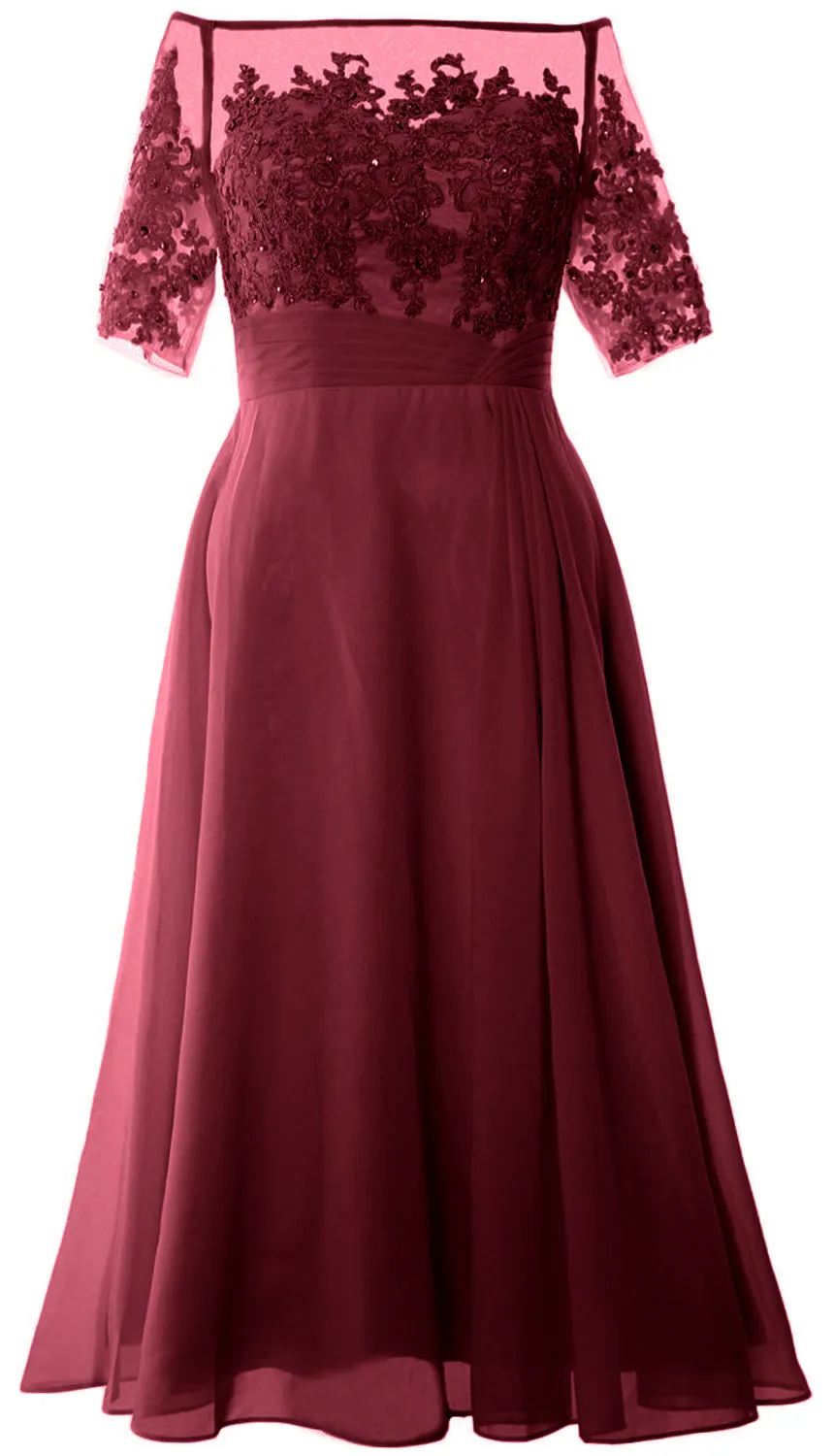 MACloth Mother of Bride Dresses Half Sleeves Midi Off Shoulder Semi Formal