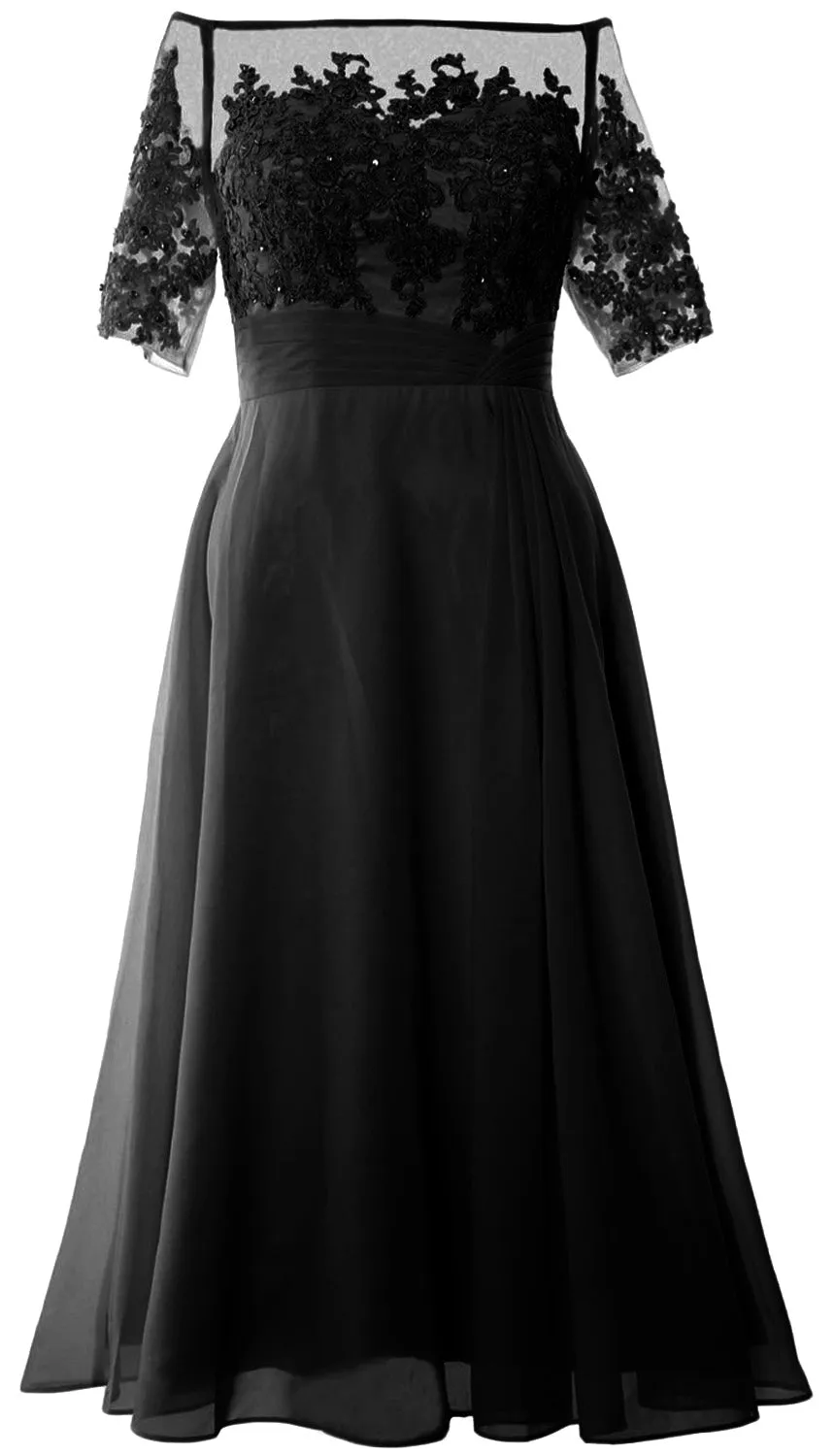 MACloth Mother of Bride Dresses Half Sleeves Midi Off Shoulder Semi Formal