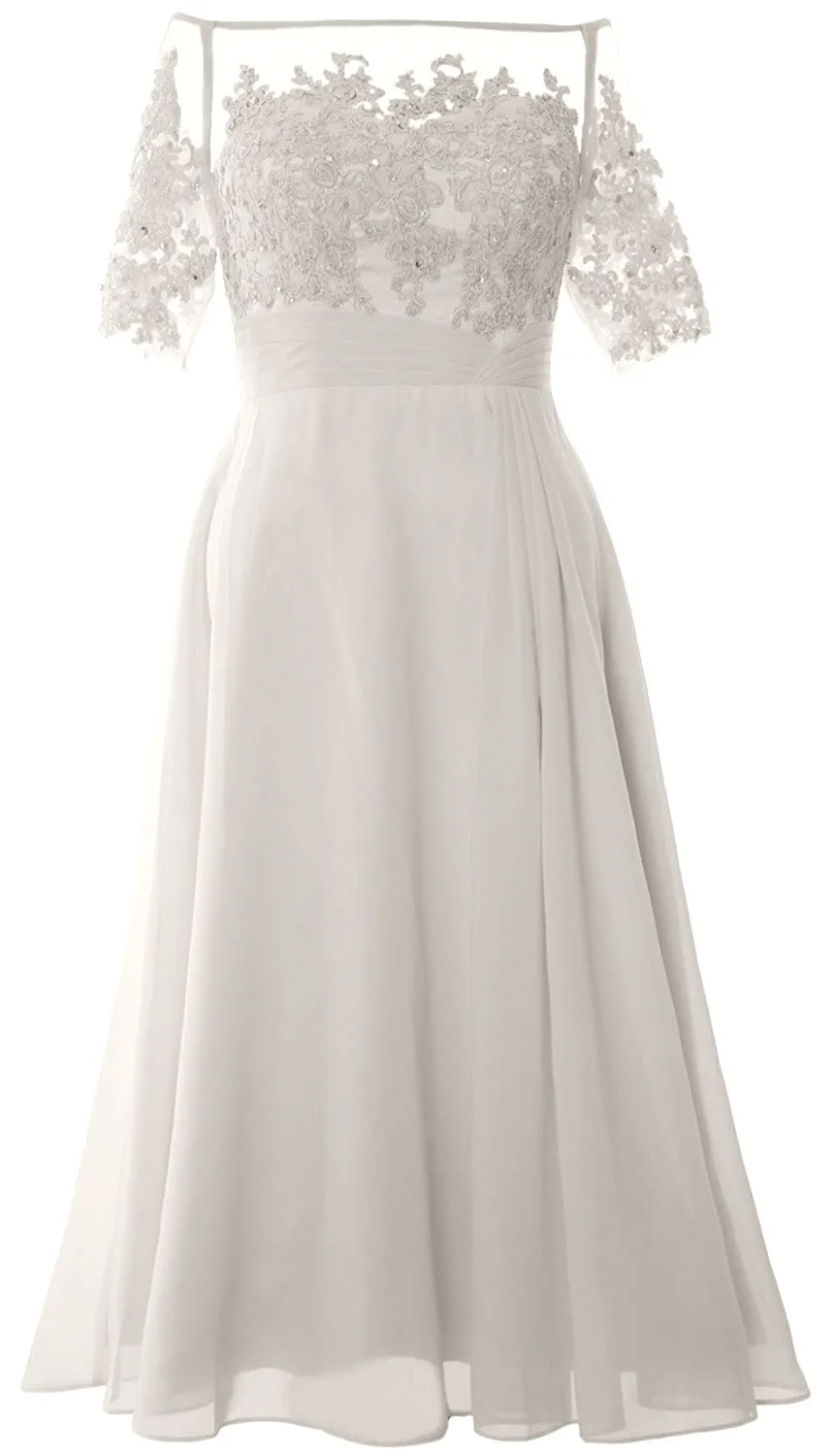 MACloth Mother of Bride Dresses Half Sleeves Midi Off Shoulder Semi Formal