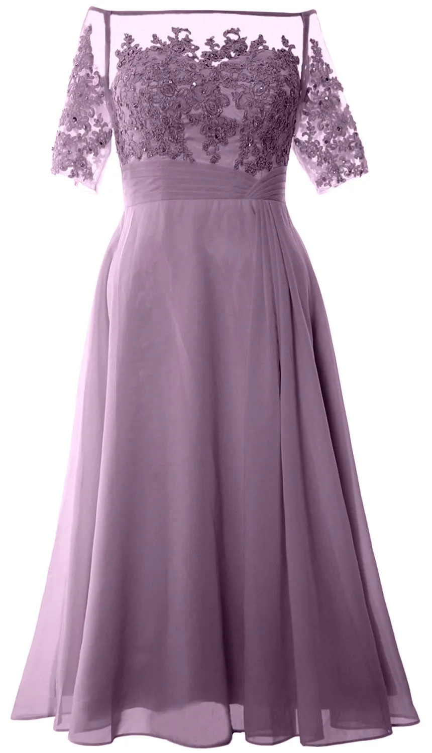 MACloth Mother of Bride Dresses Half Sleeves Midi Off Shoulder Semi Formal