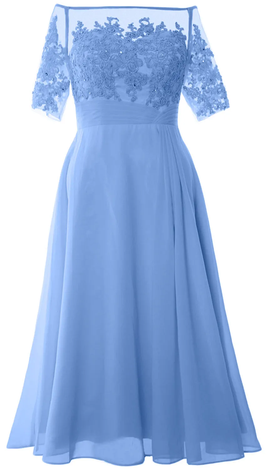 MACloth Mother of Bride Dresses Half Sleeves Midi Off Shoulder Semi Formal