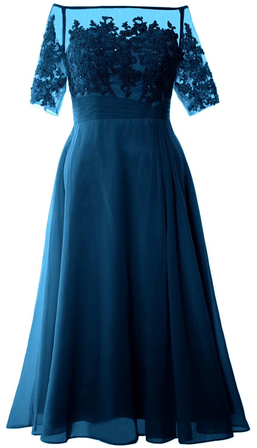 MACloth Mother of Bride Dresses Half Sleeves Midi Off Shoulder Semi Formal
