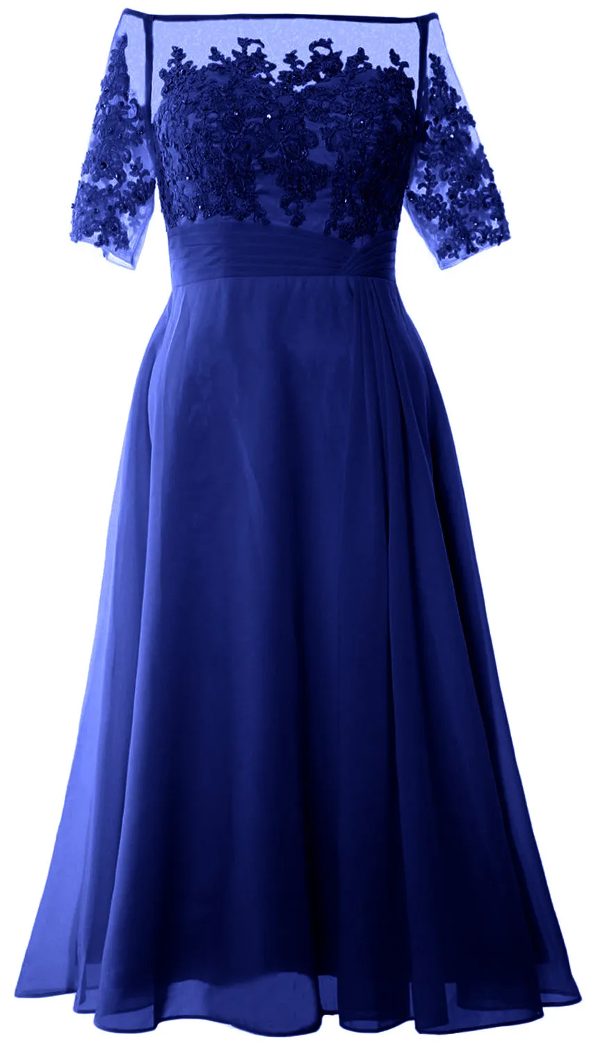 MACloth Mother of Bride Dresses Half Sleeves Midi Off Shoulder Semi Formal