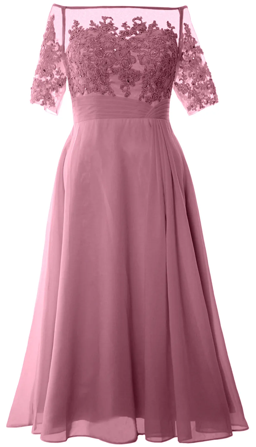 MACloth Mother of Bride Dresses Half Sleeves Midi Off Shoulder Semi Formal