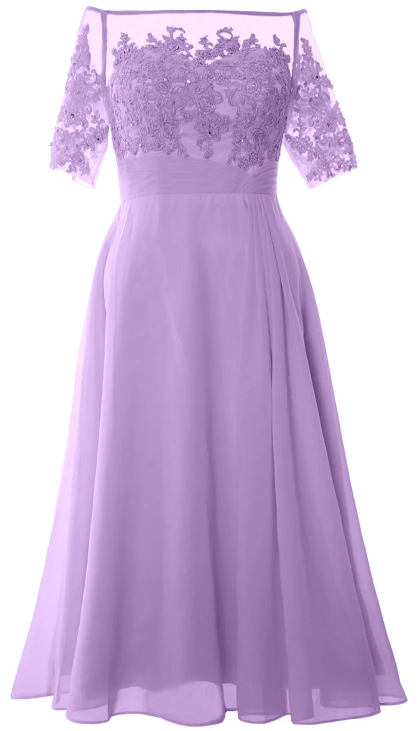 MACloth Mother of Bride Dresses Half Sleeves Midi Off Shoulder Semi Formal