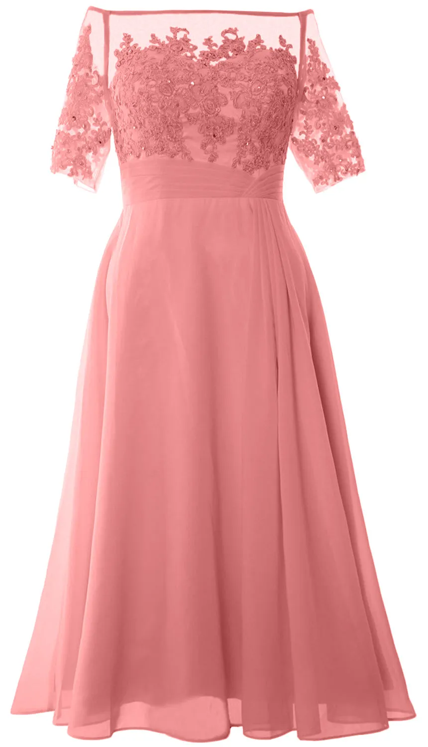 MACloth Mother of Bride Dresses Half Sleeves Midi Off Shoulder Semi Formal