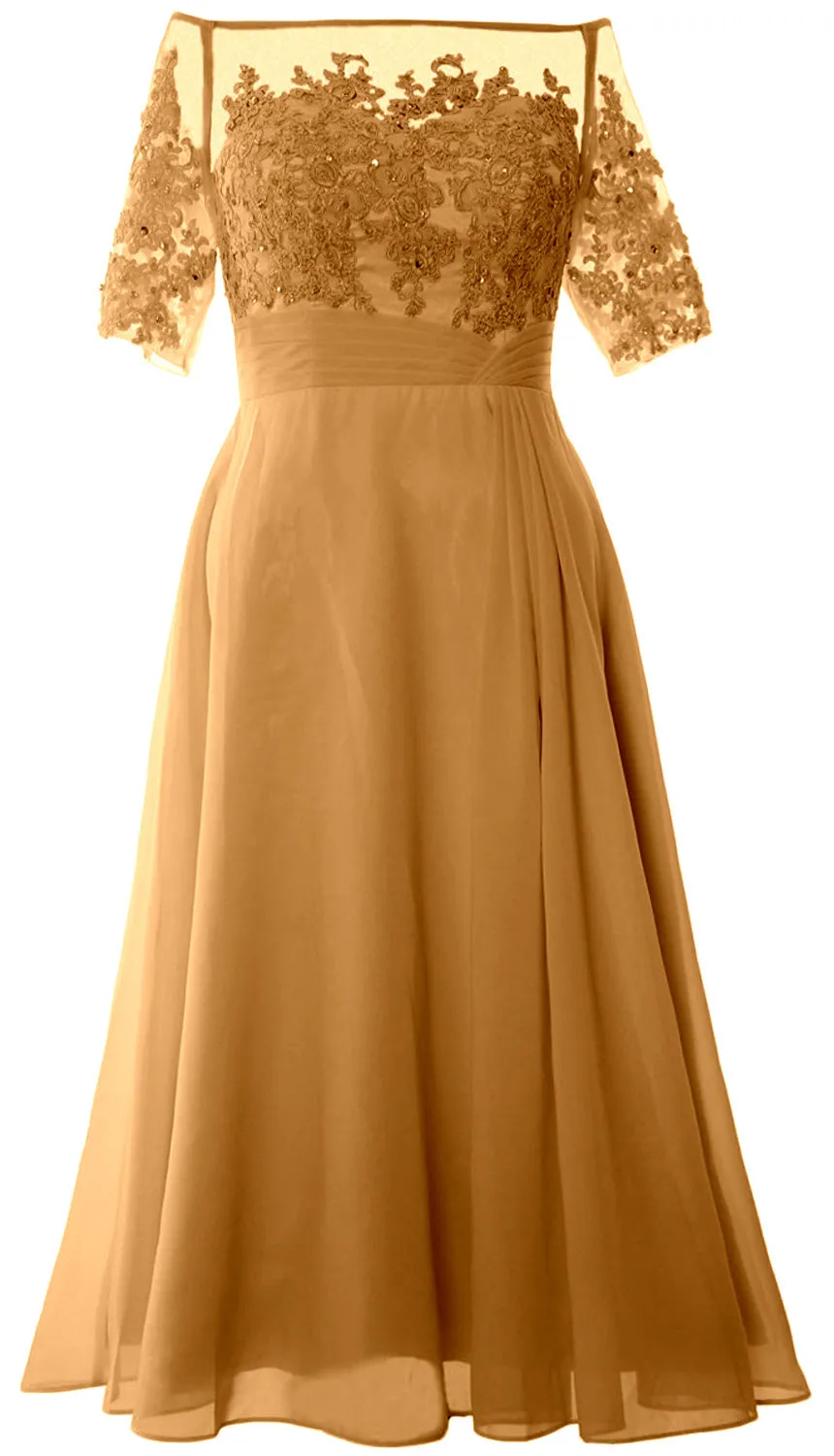 MACloth Mother of Bride Dresses Half Sleeves Midi Off Shoulder Semi Formal