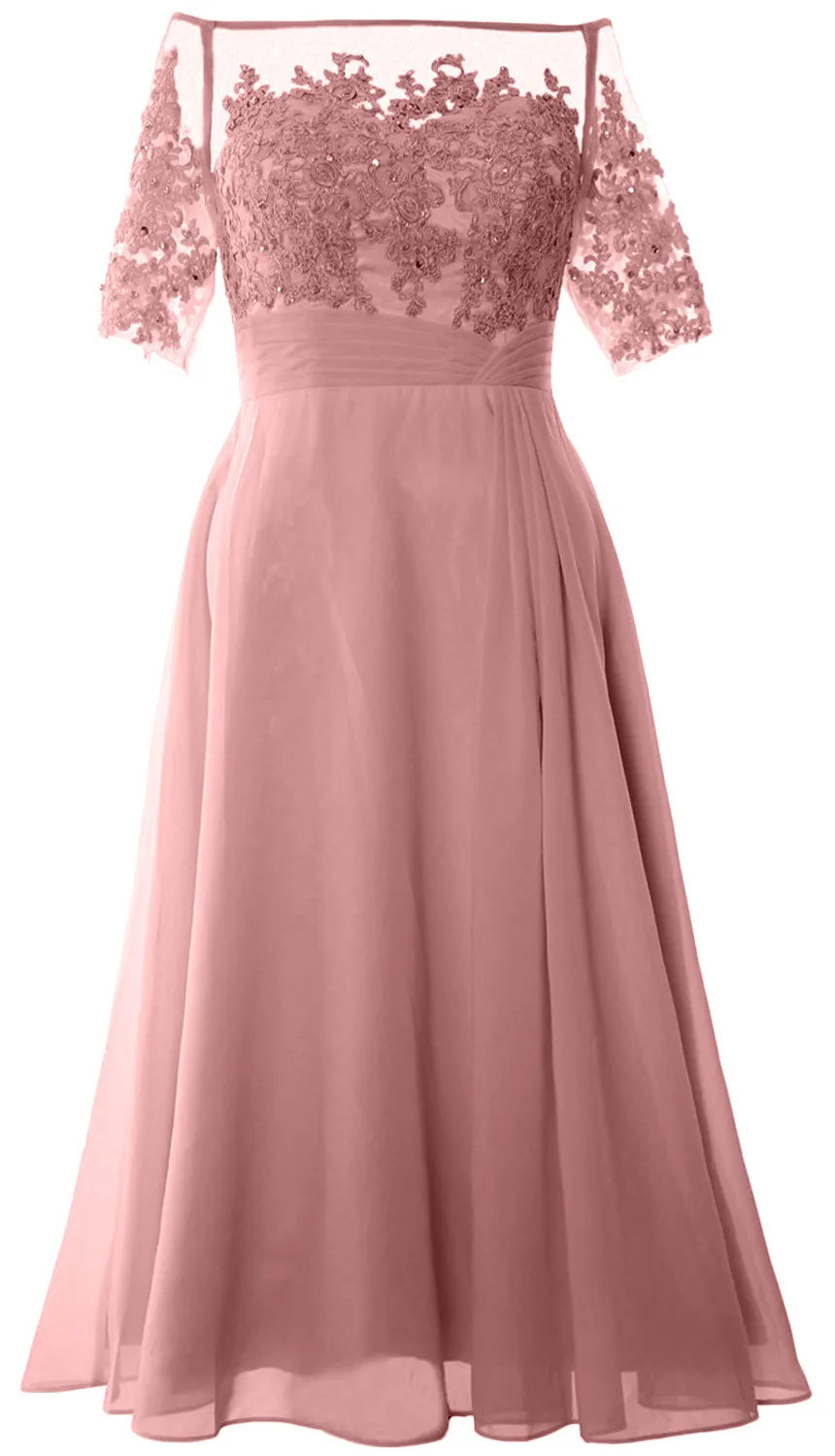 MACloth Mother of Bride Dresses Half Sleeves Midi Off Shoulder Semi Formal