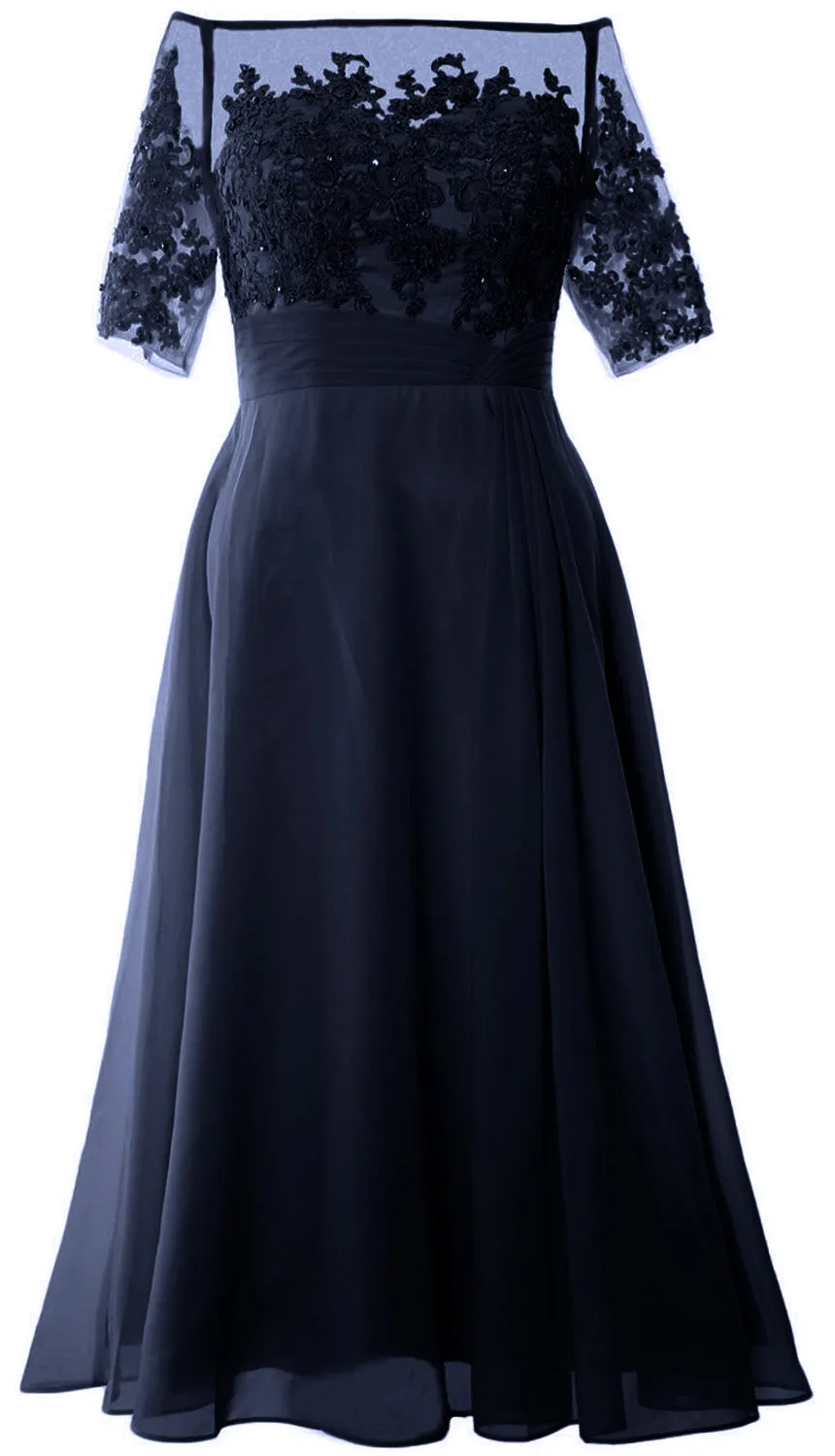 MACloth Mother of Bride Dresses Half Sleeves Midi Off Shoulder Semi Formal