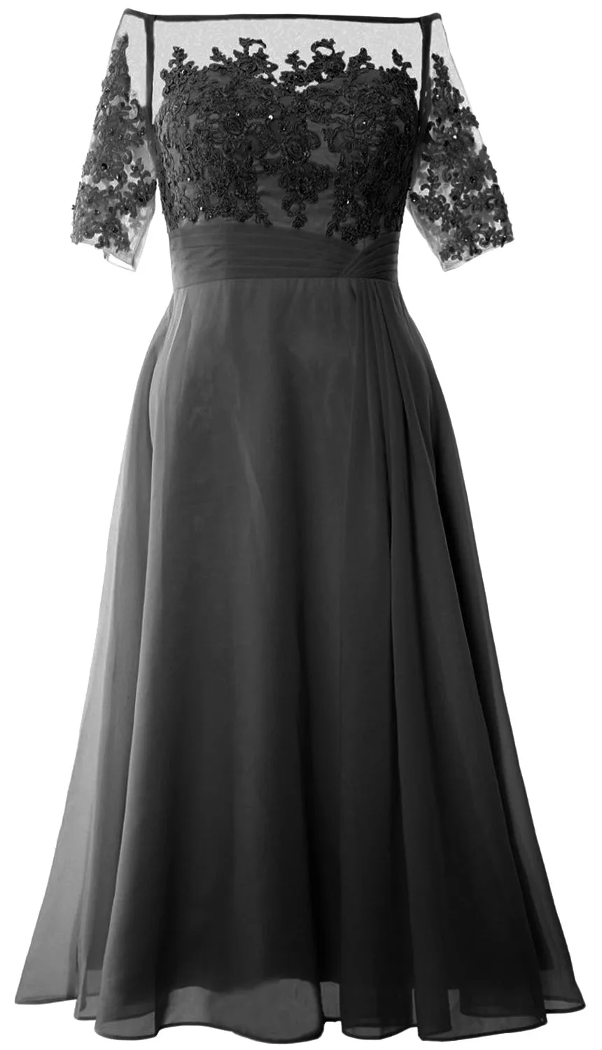 MACloth Mother of Bride Dresses Half Sleeves Midi Off Shoulder Semi Formal
