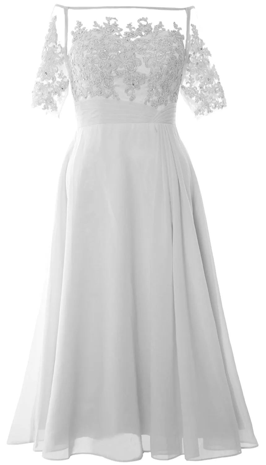 MACloth Mother of Bride Dresses Half Sleeves Midi Off Shoulder Semi Formal