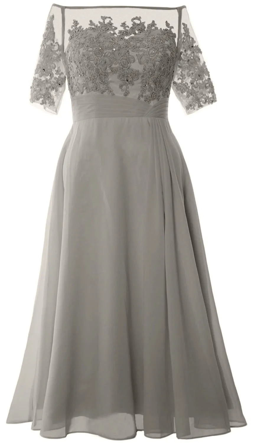 MACloth Mother of Bride Dresses Half Sleeves Midi Off Shoulder Semi Formal