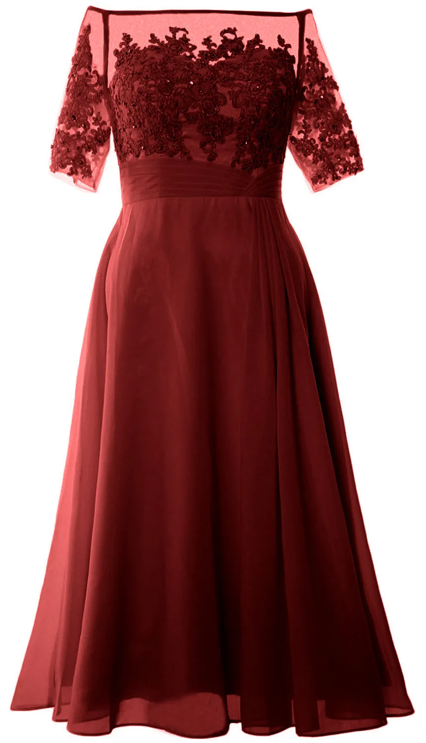 MACloth Mother of Bride Dresses Half Sleeves Midi Off Shoulder Semi Formal