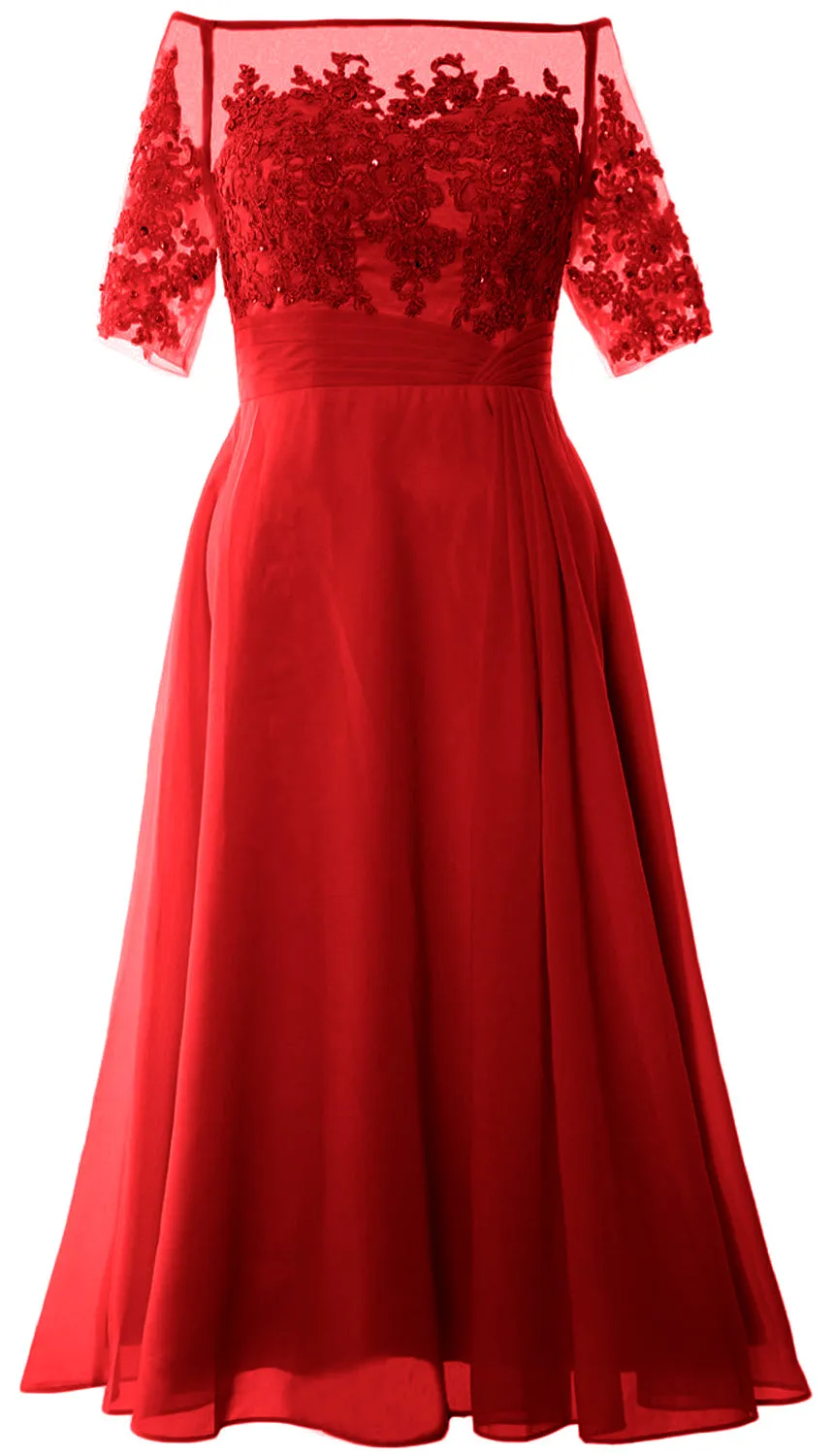 MACloth Mother of Bride Dresses Half Sleeves Midi Off Shoulder Semi Formal