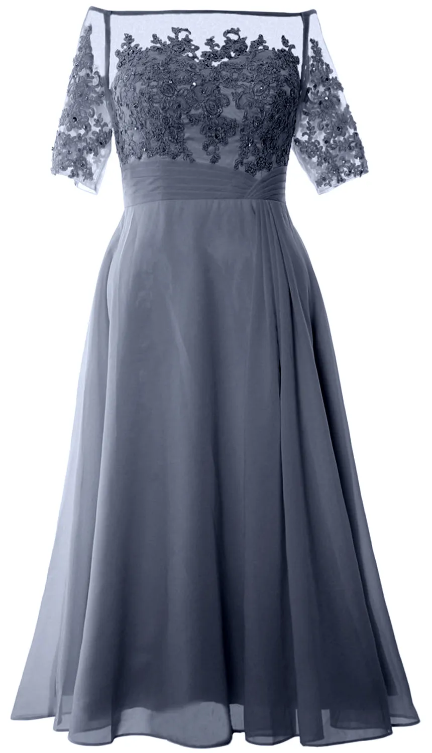 MACloth Mother of Bride Dresses Half Sleeves Midi Off Shoulder Semi Formal