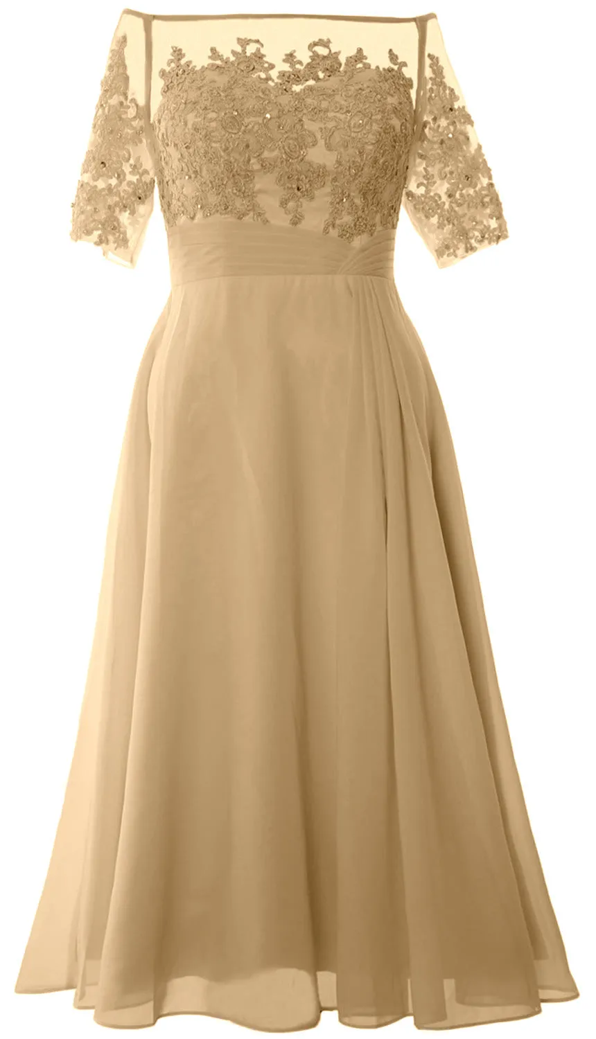 MACloth Mother of Bride Dresses Half Sleeves Midi Off Shoulder Semi Formal