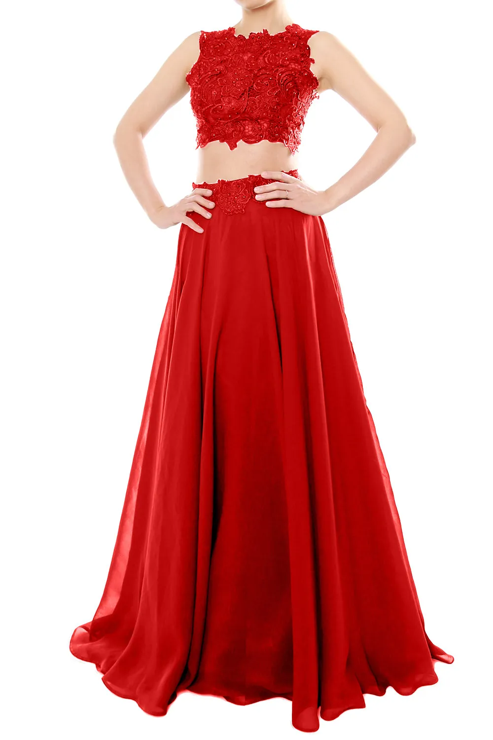 MACloth Women Two Piece High Neck Lace Chiffon Long Prom Dress Formal Party Gown