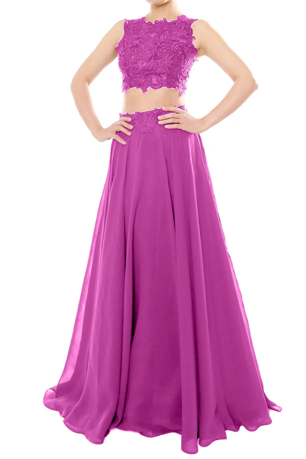 MACloth Women Two Piece High Neck Lace Chiffon Long Prom Dress Formal Party Gown