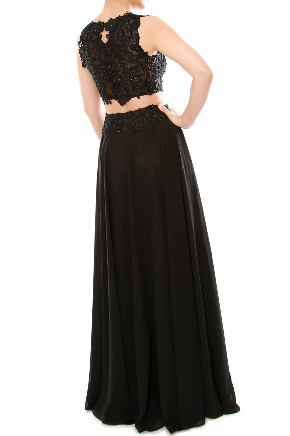 MACloth Women Two Piece High Neck Lace Chiffon Long Prom Dress Formal Party Gown