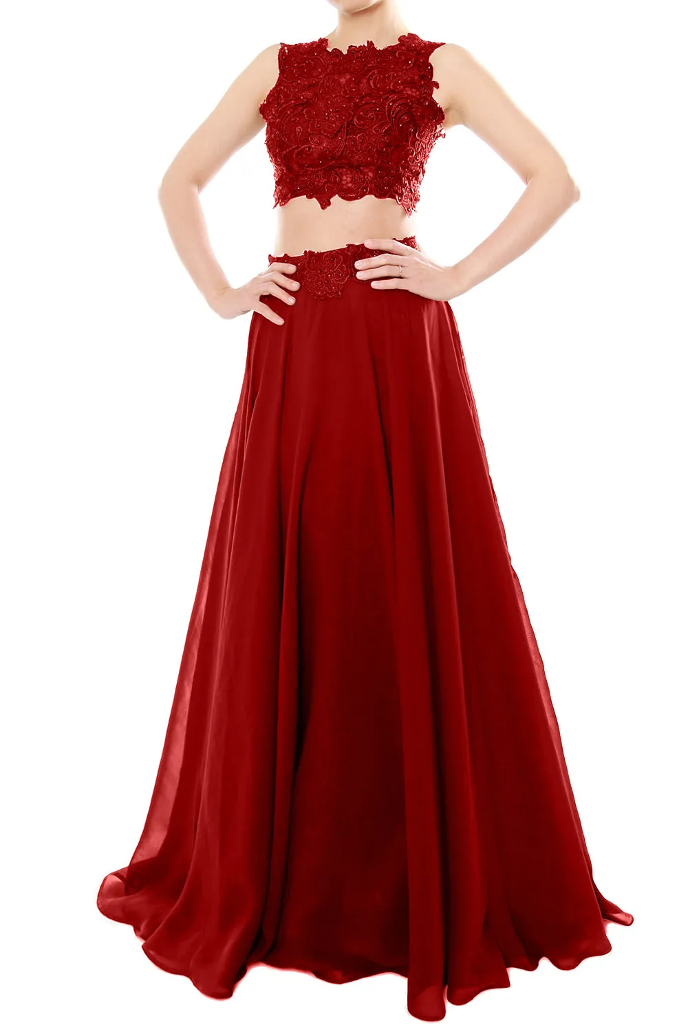 MACloth Women Two Piece High Neck Lace Chiffon Long Prom Dress Formal Party Gown